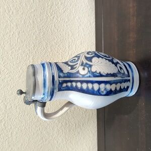 Antique 11" Westerwald German Stoneware Salt Glazed Lidded 1.5L Stein Pitcher